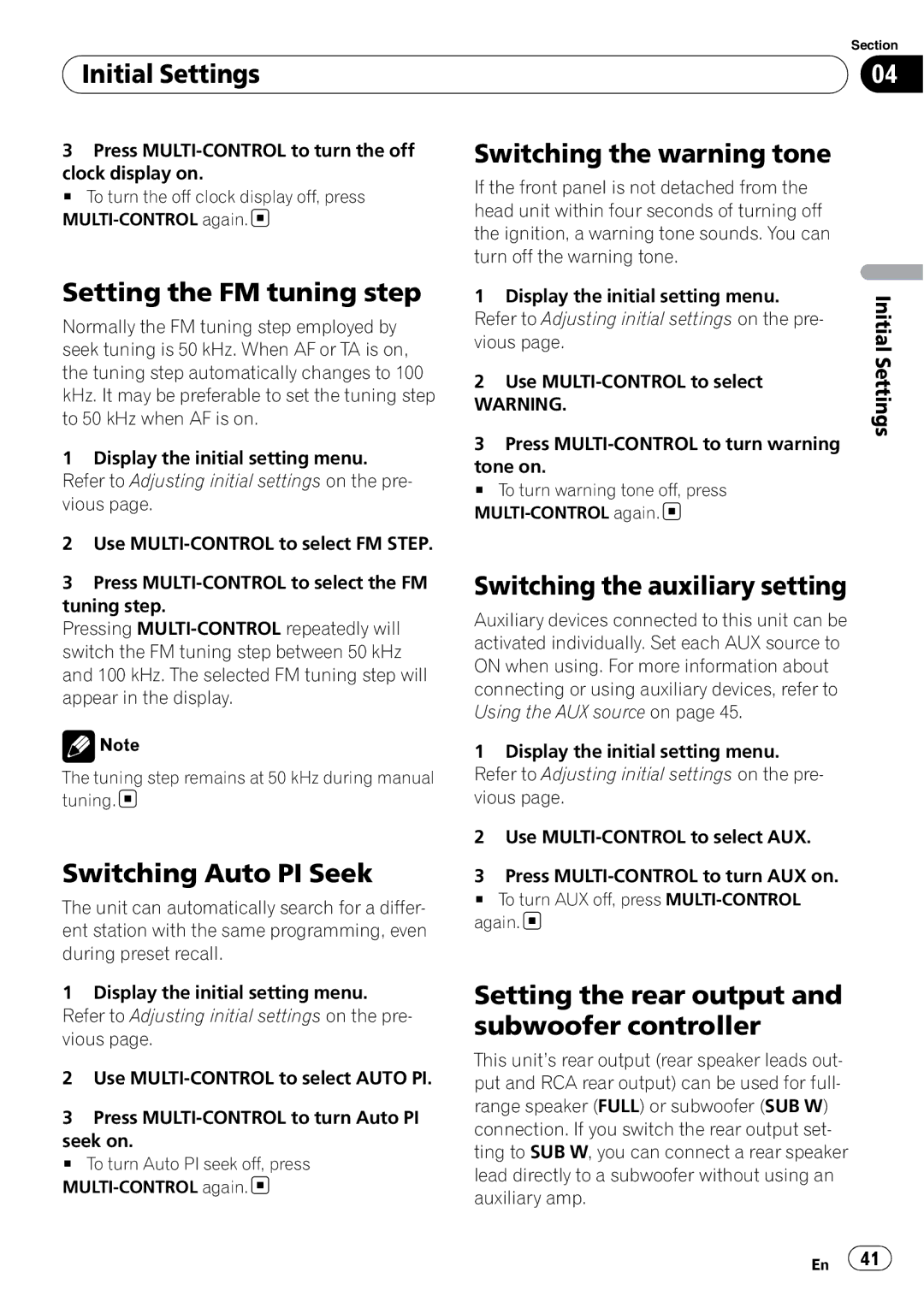 Pioneer DEH-600BT Initial Settings, Setting the FM tuning step, Switching Auto PI Seek, Switching the warning tone 