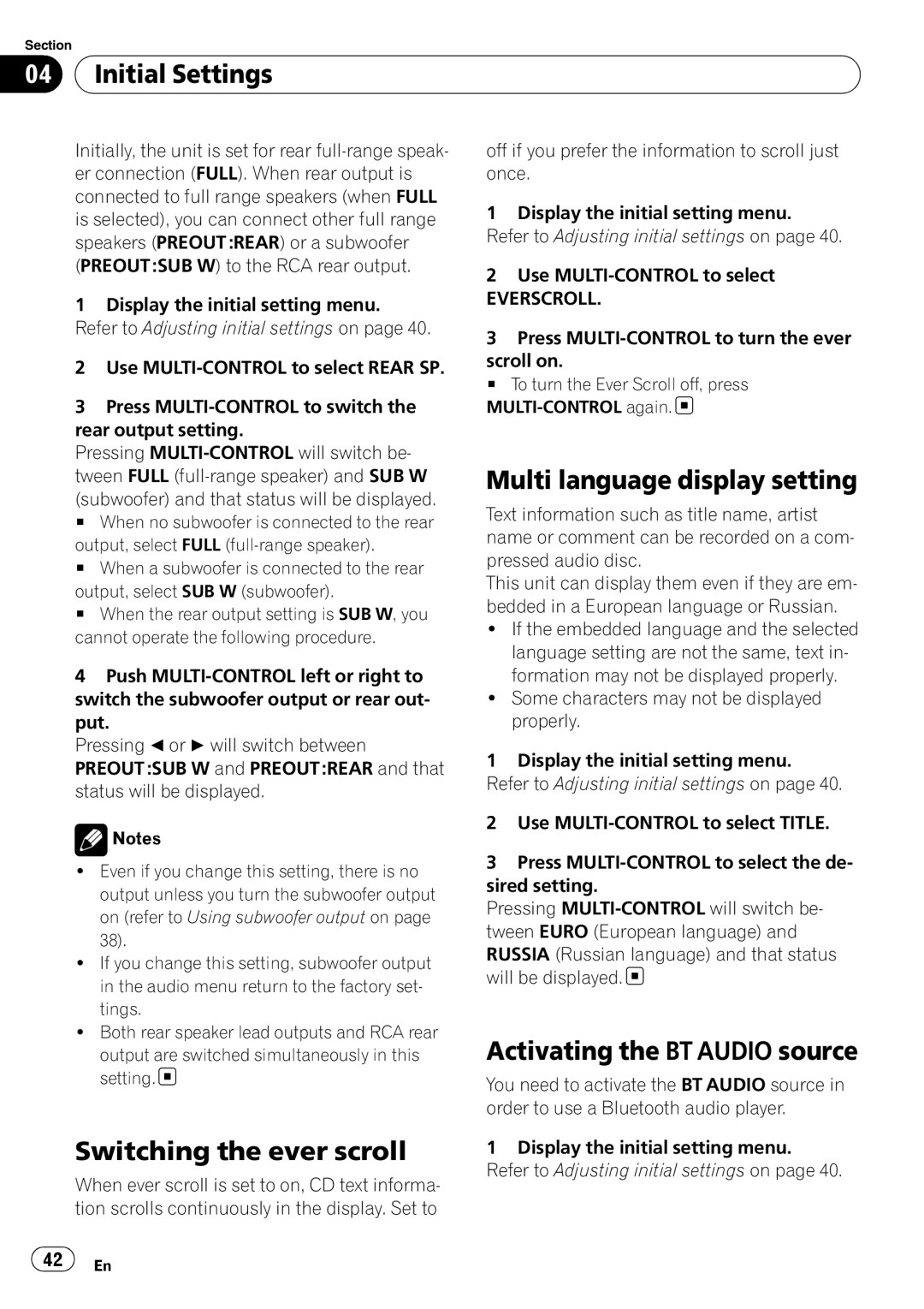 Pioneer DEH-600BT Multi language display setting, Activating the BT Audio source, Switching the ever scroll, Everscroll 