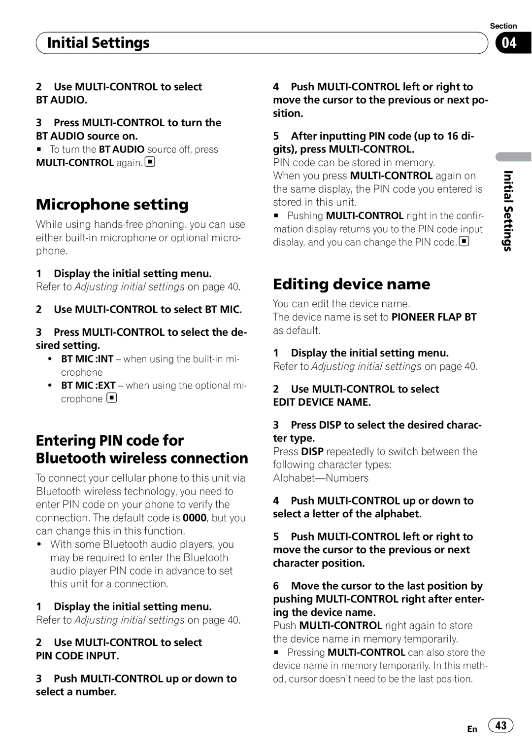 Pioneer DEH-600BT Microphone setting, Entering PIN code for Bluetooth wireless connection, Editing device name 