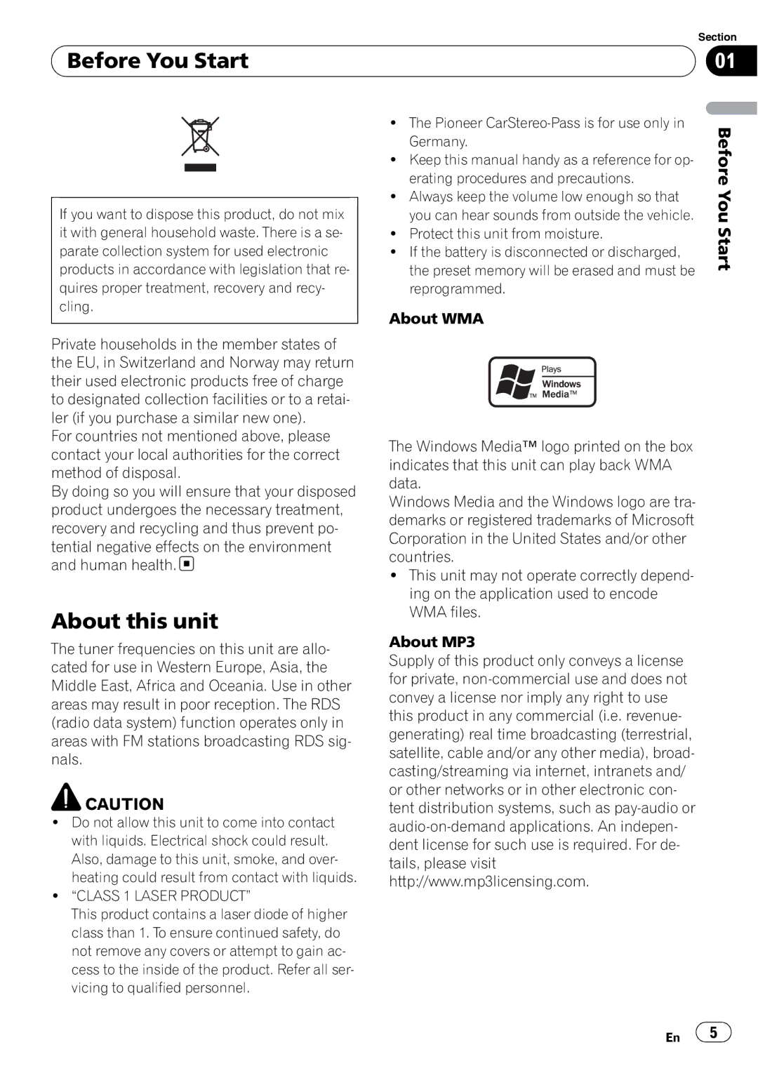 Pioneer DEH-600BT operation manual Before You Start, About this unit, Class 1 Laser Product 