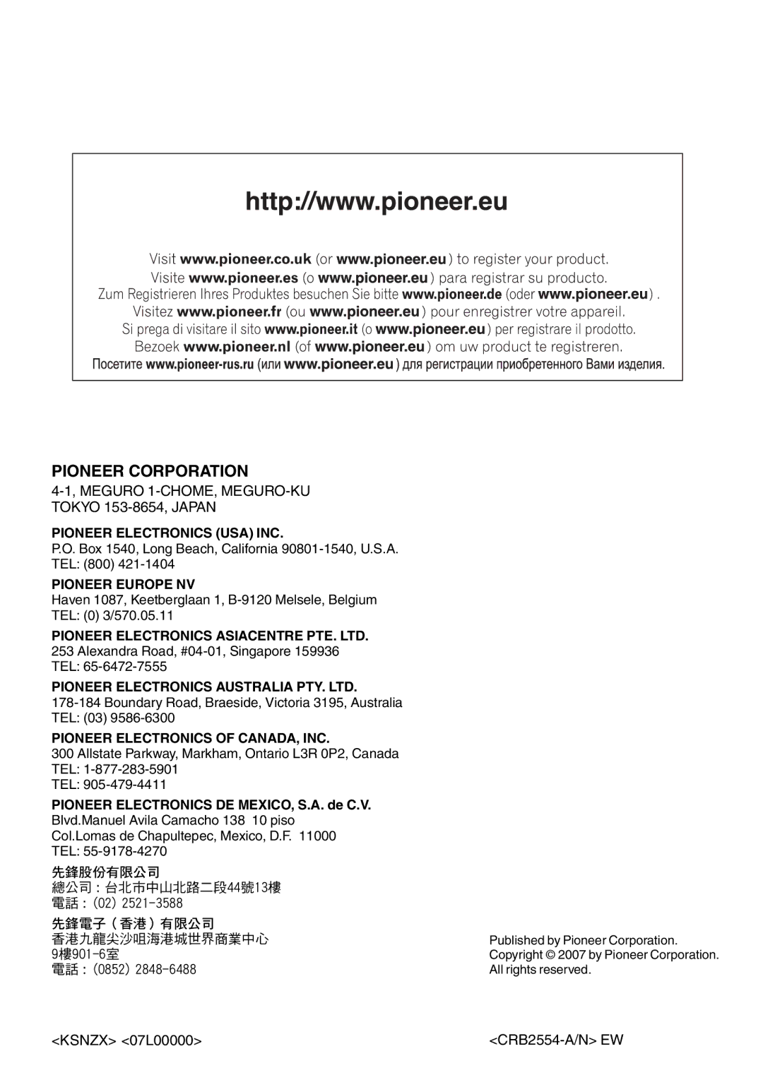 Pioneer DEH-600BT operation manual Pioneer Corporation, Meguro 1-CHOME, MEGURO-KU Tokyo 153-8654, Japan 