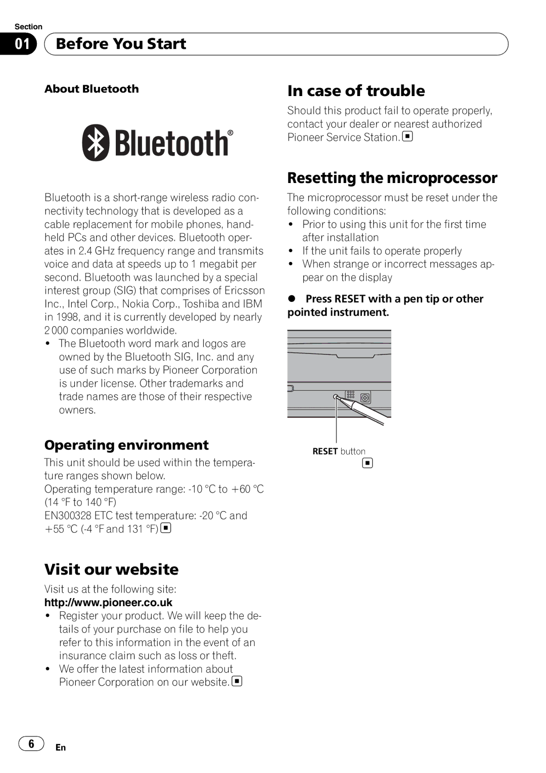 Pioneer DEH-600BT operation manual Case of trouble, Resetting the microprocessor, Visit our website, Operating environment 