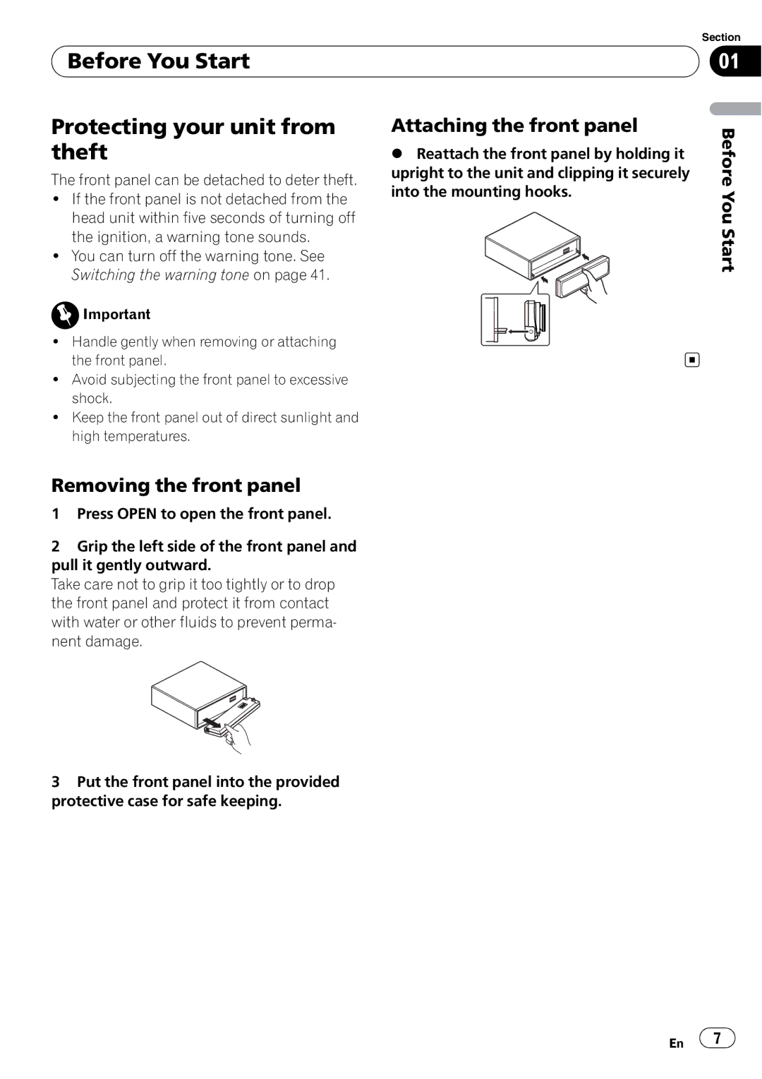 Pioneer DEH-600BT Before You Start Protecting your unit from theft, Removing the front panel, Attaching the front panel 