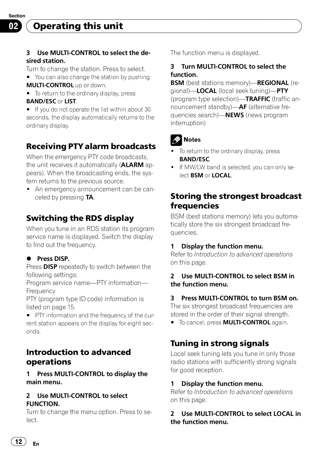 Pioneer DEH-600BT Receiving PTY alarm broadcasts, Introduction to advanced operations, Tuning in strong signals, Function 