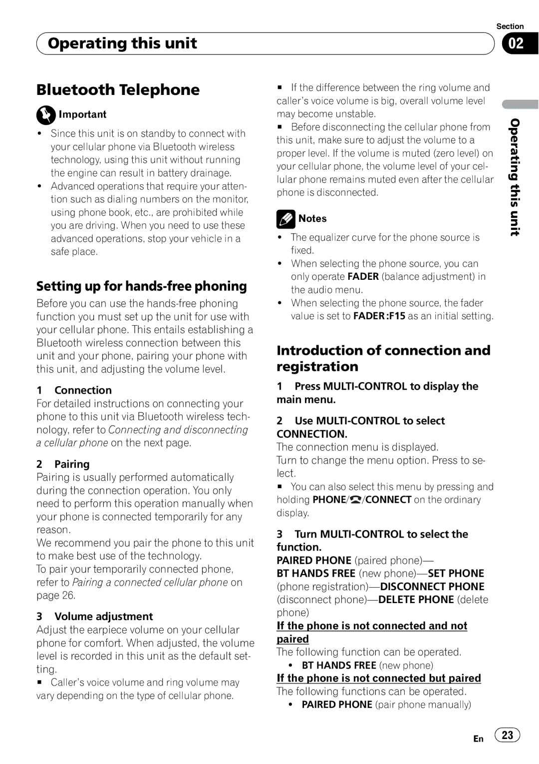 Pioneer DEH-600BT operation manual Operating this unit Bluetooth Telephone, Setting up for hands-free phoning 