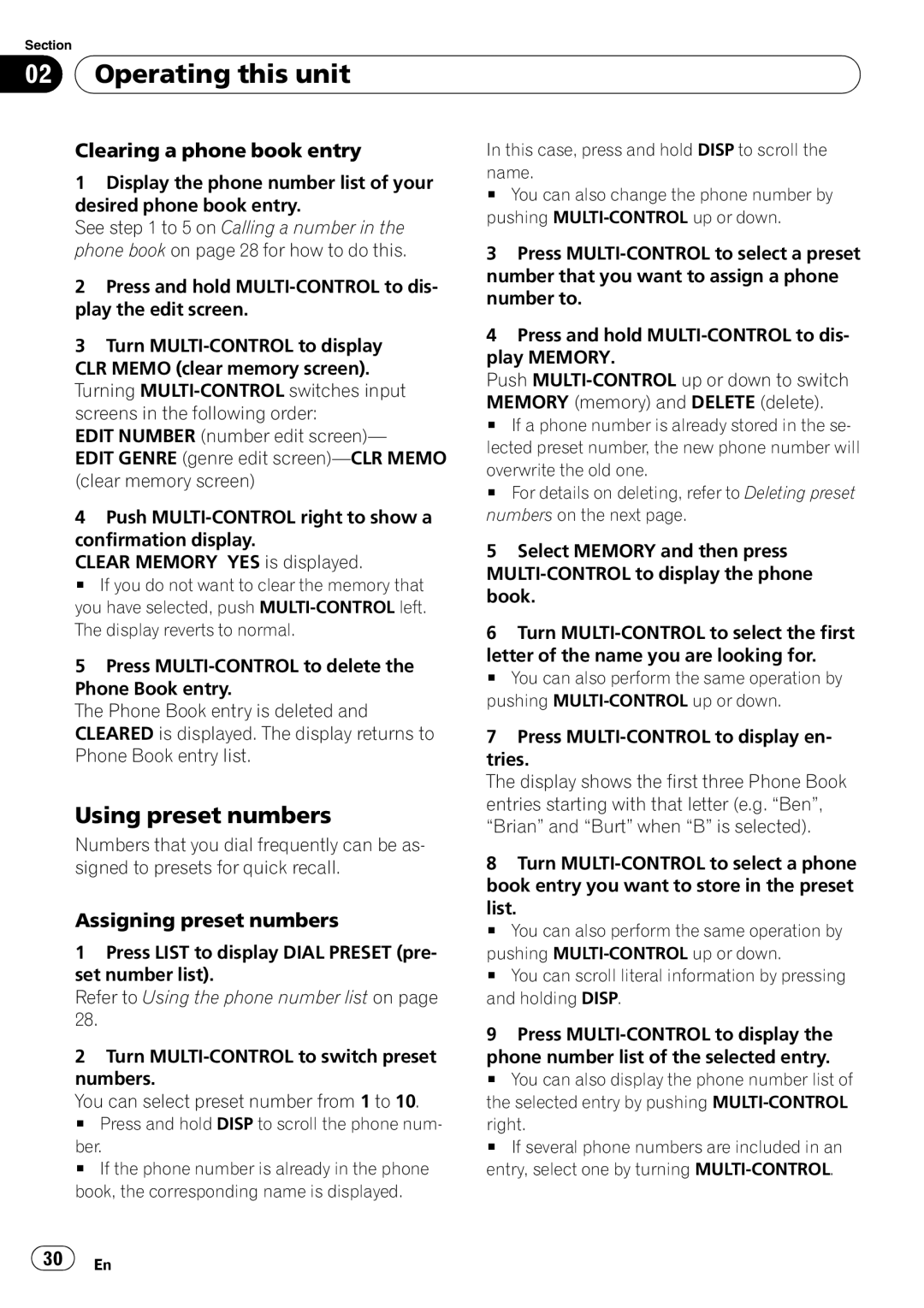 Pioneer DEH-600BT operation manual Using preset numbers, Clearing a phone book entry, Assigning preset numbers 