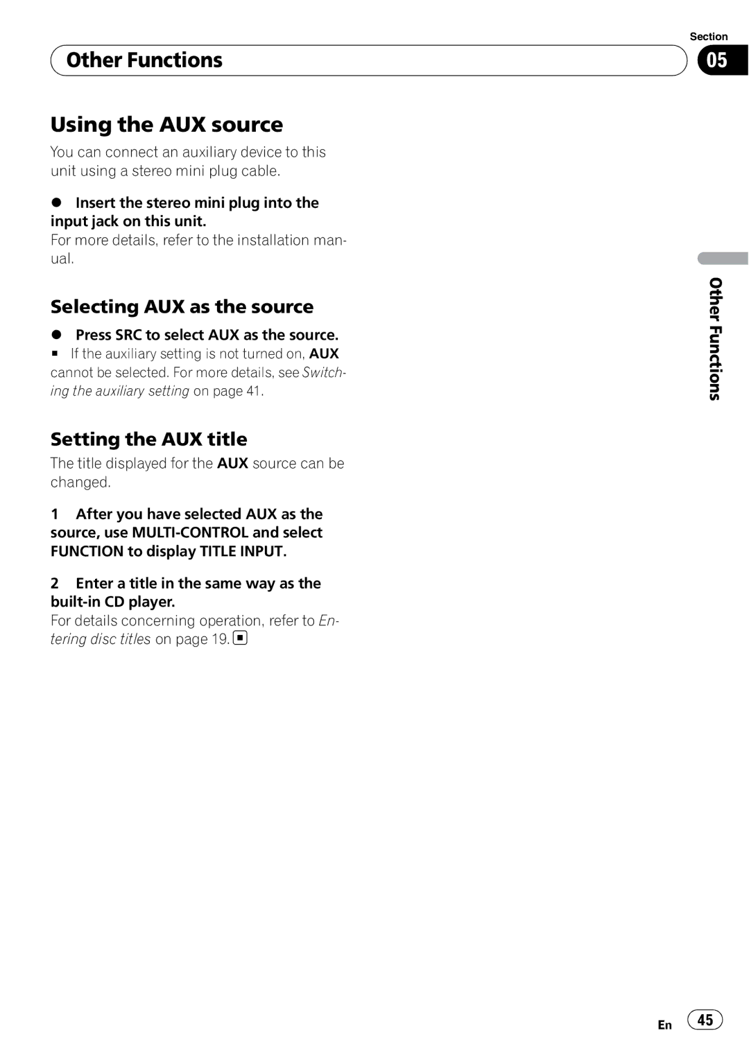 Pioneer DEH-600BT operation manual Other Functions Using the AUX source, Selecting AUX as the source, Setting the AUX title 