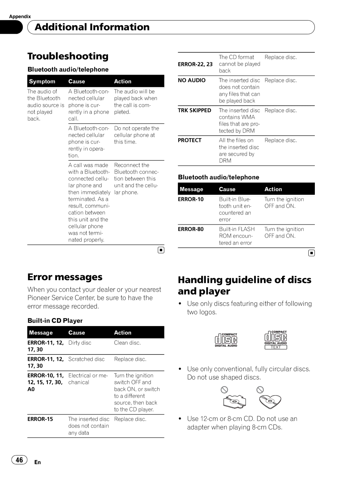 Pioneer DEH-600BT Additional Information Troubleshooting, Error messages, Handling guideline of discs and player 