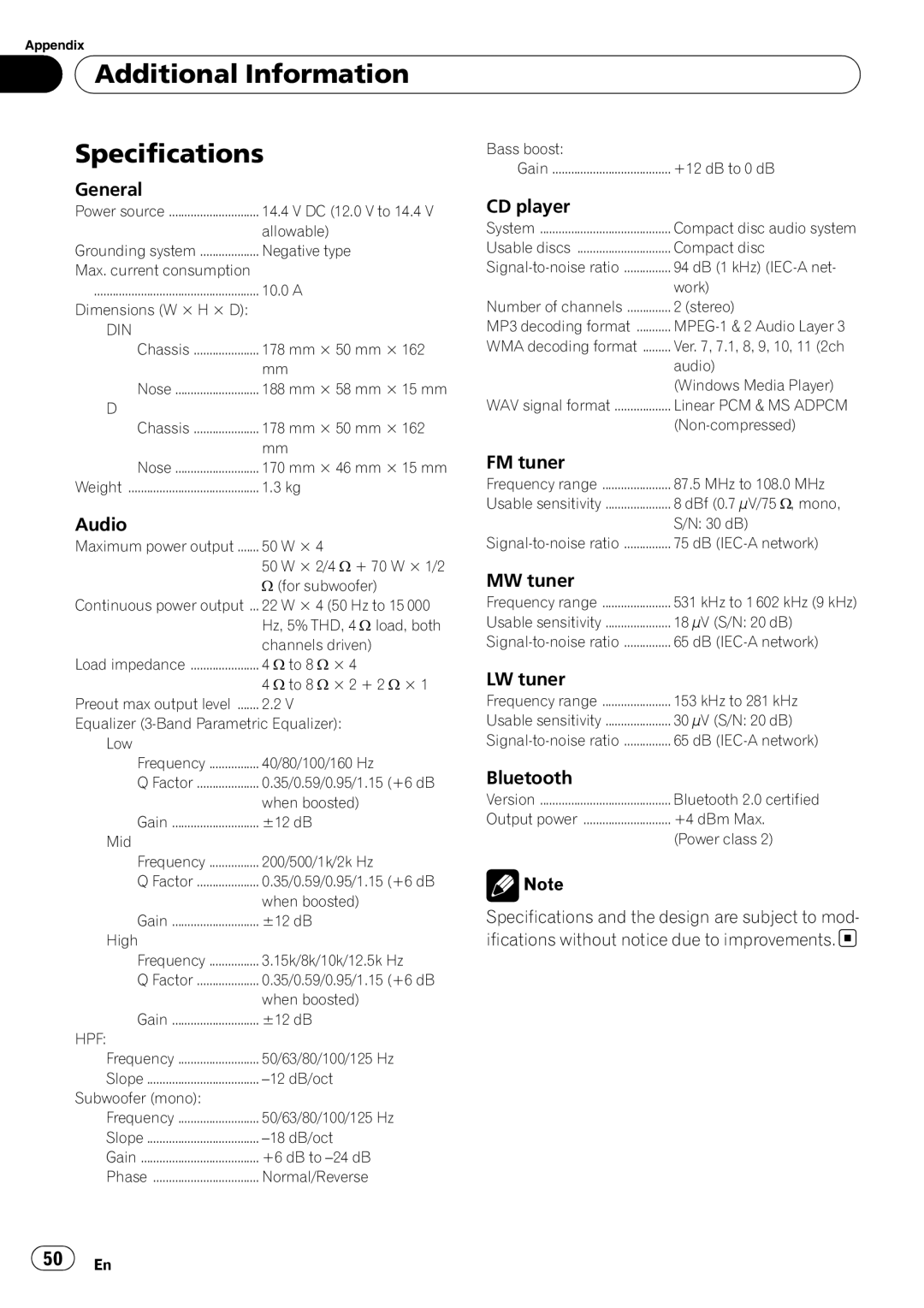 Pioneer DEH-600BT operation manual Additional Information Specifications, General 