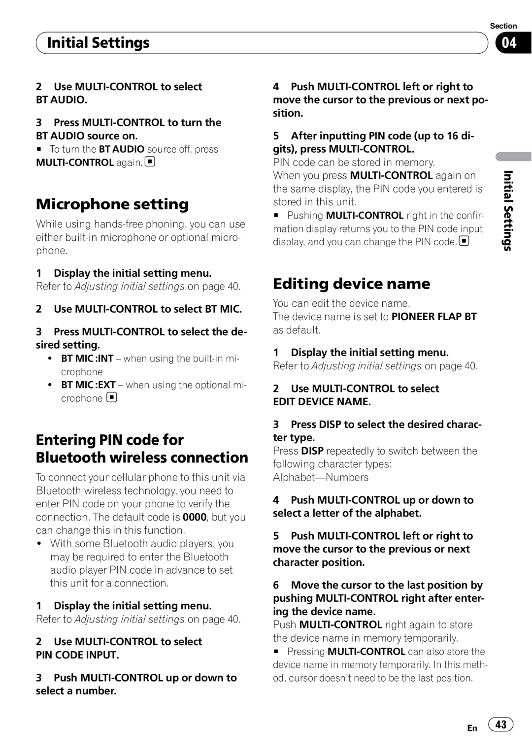 Pioneer DEH-600BT operation manual Microphone setting, Editing device name, Initial Settings 