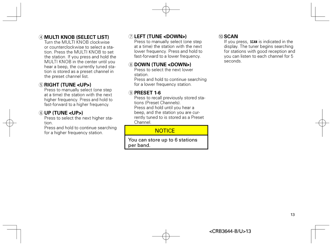 Pioneer DEH-8018ZT owner manual Multi Knob Select List, Right Tune UP, Left Tune Down, Down Tune Down 