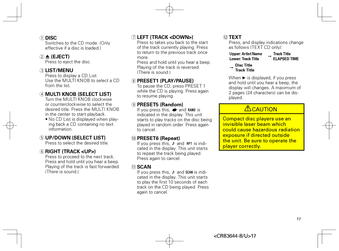 Pioneer DEH-8018ZT owner manual Disc, UP/DOWN Select List, Right Track UP, Left Track Down, PRESET1 PLAY/PAUSE 