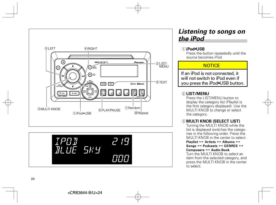 Pioneer DEH-8018ZT owner manual Listening to songs on the iPod, IPodUSB 