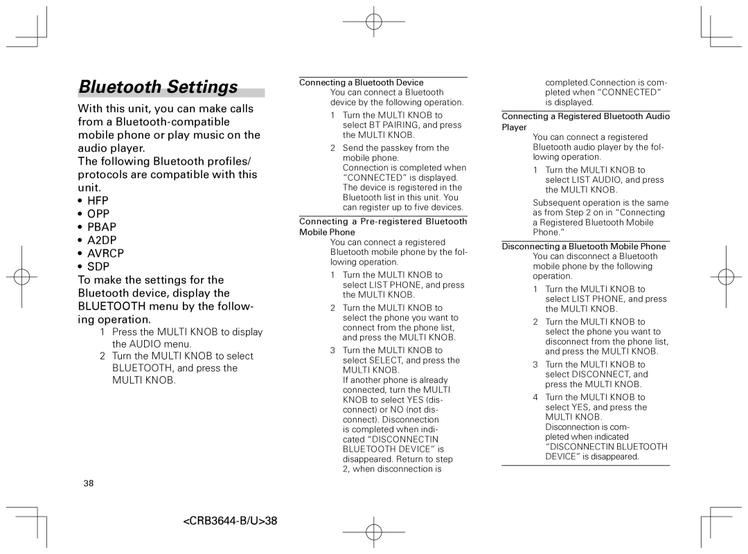 Pioneer DEH-8018ZT owner manual Bluetooth Settings, Avrcp SDP 