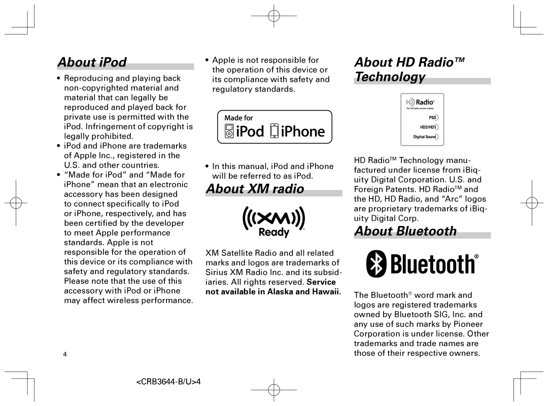 Pioneer DEH-8018ZT owner manual About iPod, About XM radio, About HD Radio Technology, About Bluetooth 