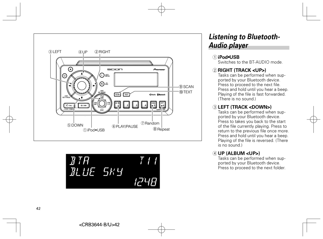 Pioneer DEH-8018ZT owner manual Listening to Bluetooth Audio player, UP Album UP 