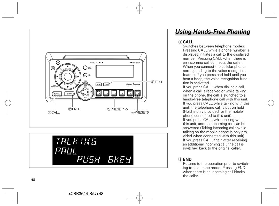 Pioneer DEH-8018ZT owner manual Using Hands-Free Phoning, Call, End 