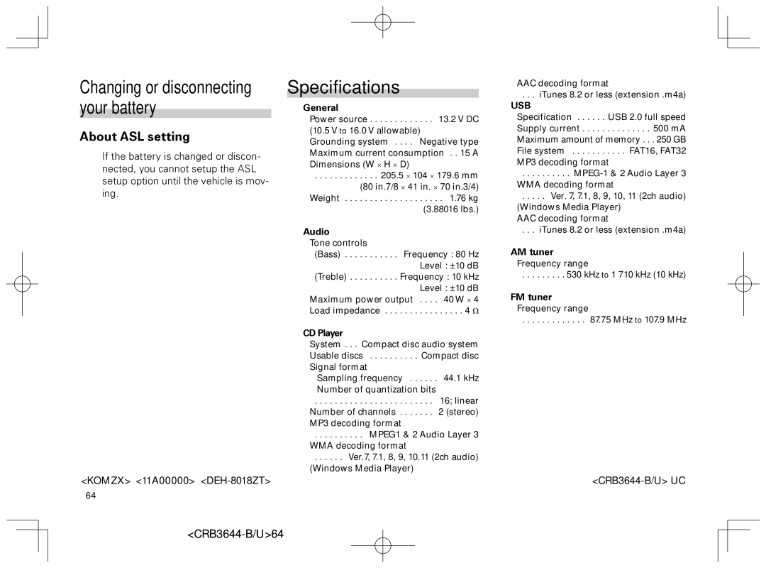 Pioneer DEH-8018ZT owner manual Specifications, Changing or disconnecting your battery 