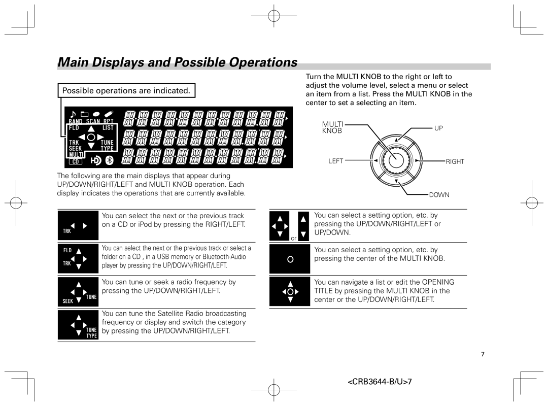 Pioneer DEH-8018ZT owner manual Main Displays and Possible Operations, Possible operations are indicated 