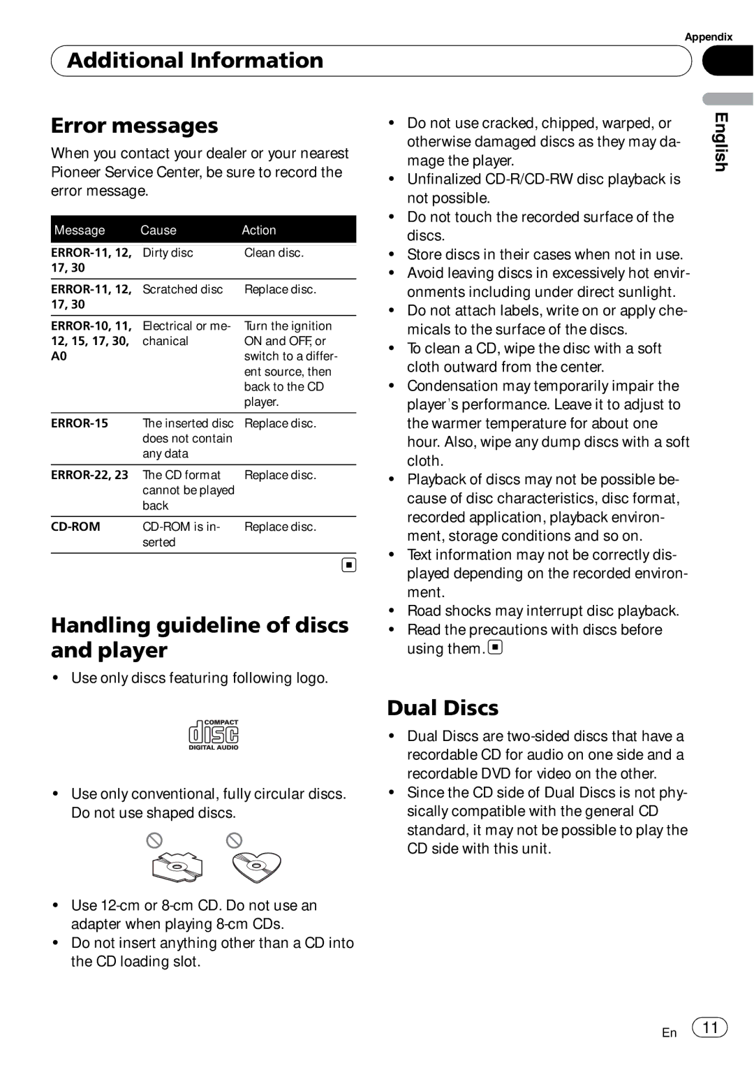 Pioneer DEH-9 operation manual Additional Information Error messages, Handling guideline of discs and player, Dual Discs 