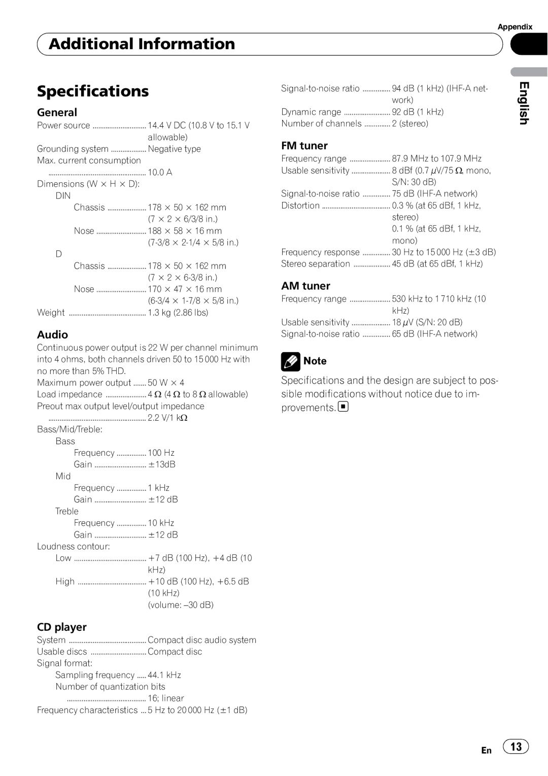 Pioneer DEH-9 operation manual Additional Information Specifications, General 