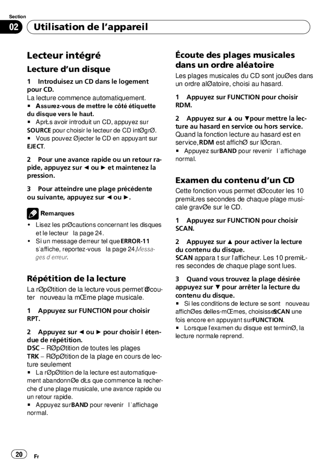 Pioneer DEH-9 Utilisation de l’appareil Lecteur intégré, Écoute des plages musicales, Examen du contenu d’un CD 