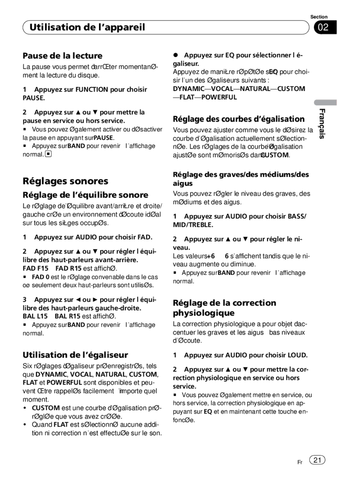 Pioneer DEH-9 operation manual Réglages sonores 