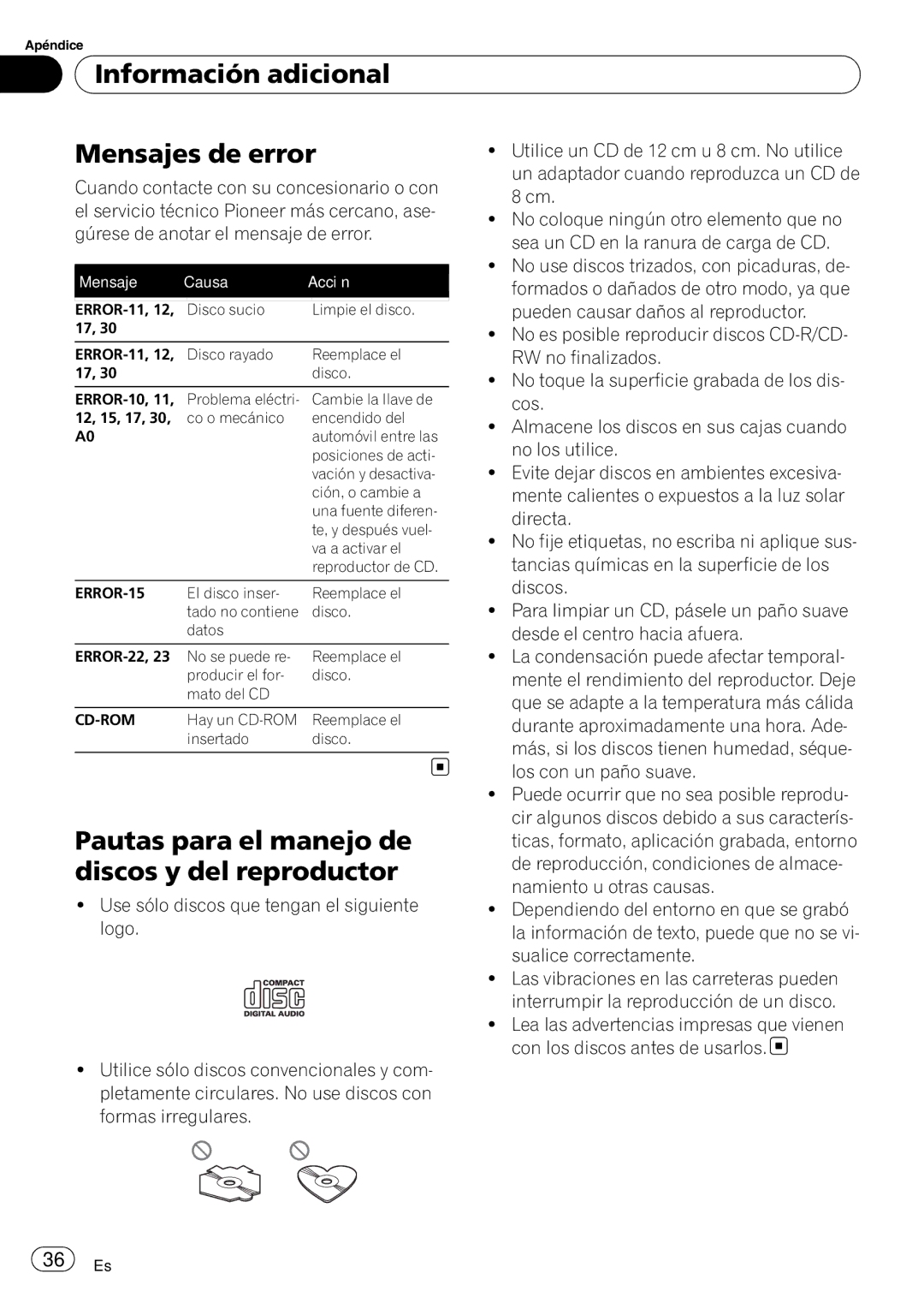 Pioneer DEH-9 operation manual Información adicional Mensajes de error, Pautas para el manejo de, Discos y del reproductor 