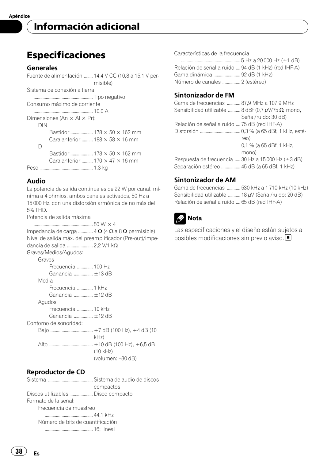 Pioneer DEH-9 operation manual Información adicional Especificaciones, Generales 