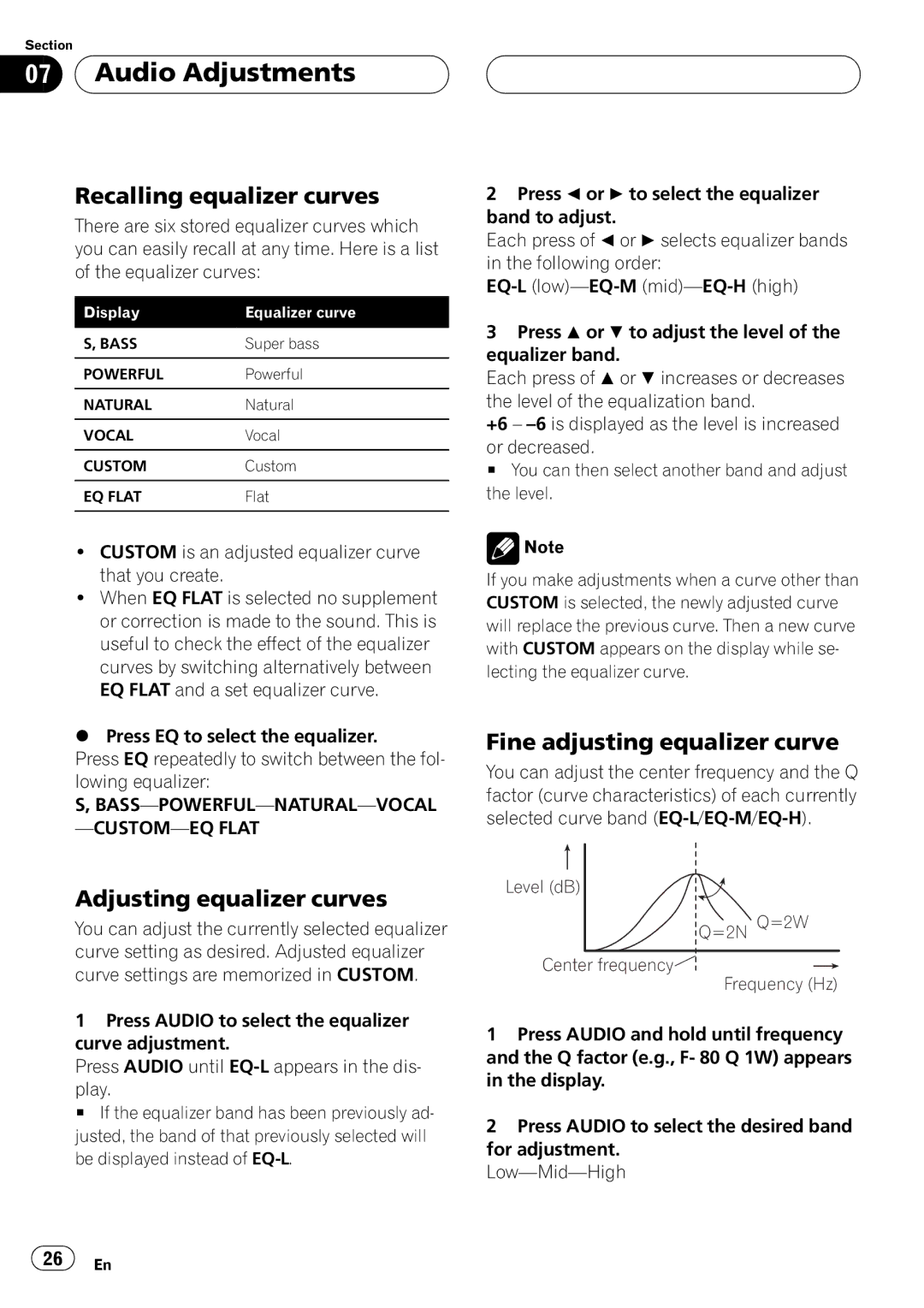 Pioneer DEH-P2500 operation manual Level dB =2N Q=2W Center frequency Frequency Hz 