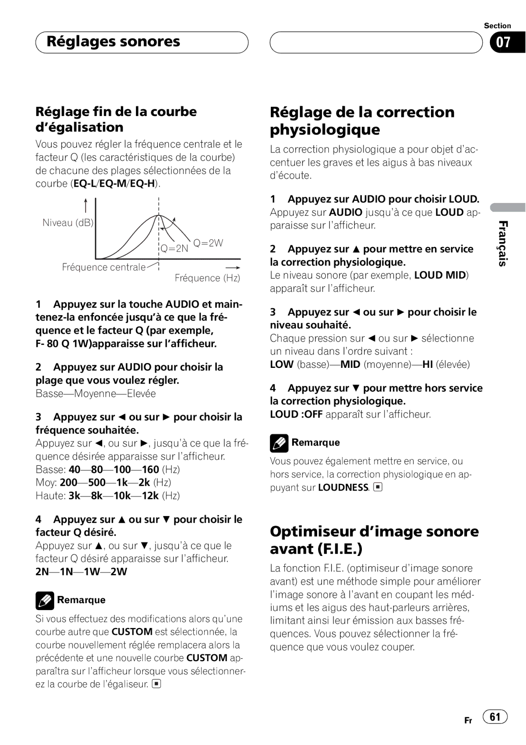 Pioneer DEH-P2500 operation manual Niveau dB =2N Q=2W Fréquence centrale Fréquence Hz 