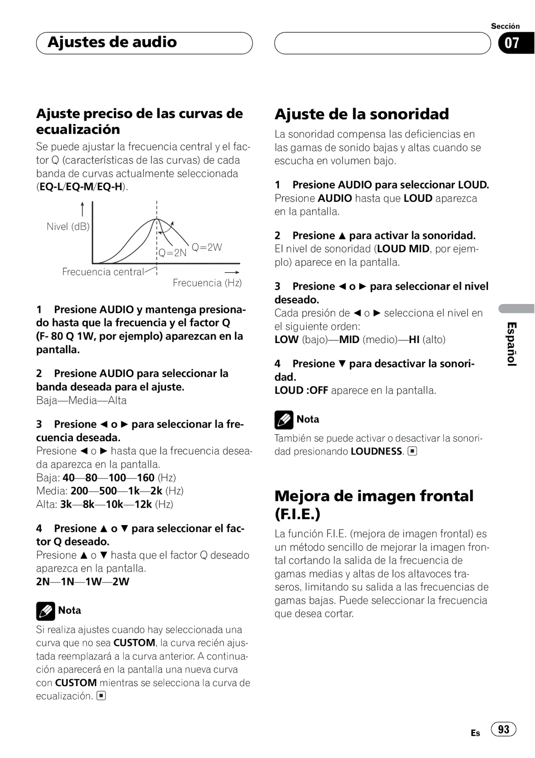 Pioneer DEH-P2500 operation manual Nivel dB =2N Q=2W Frecuencia central Frecuencia Hz 