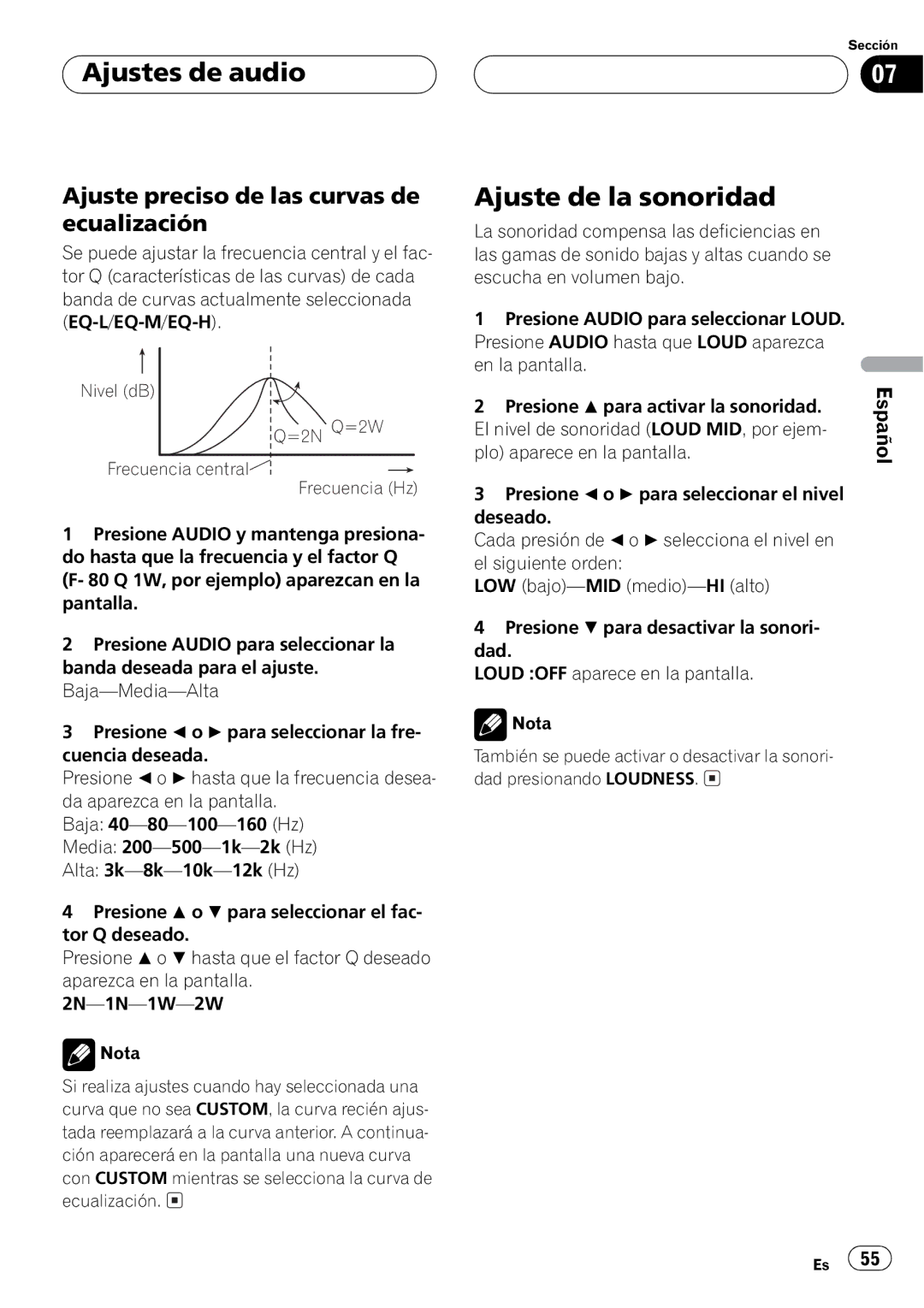 Pioneer DEH-P2550 operation manual Nivel dB =2N Q=2W Frecuencia central Frecuencia Hz 