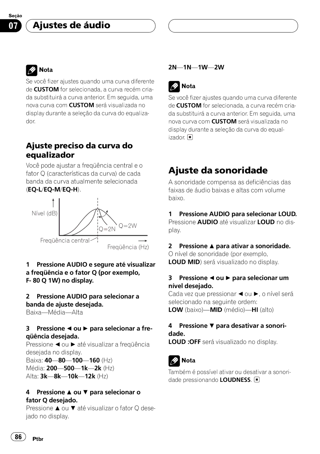 Pioneer DEH-P2550 operation manual Nível dB =2N Q=2W Freqüência central Freqüência Hz 