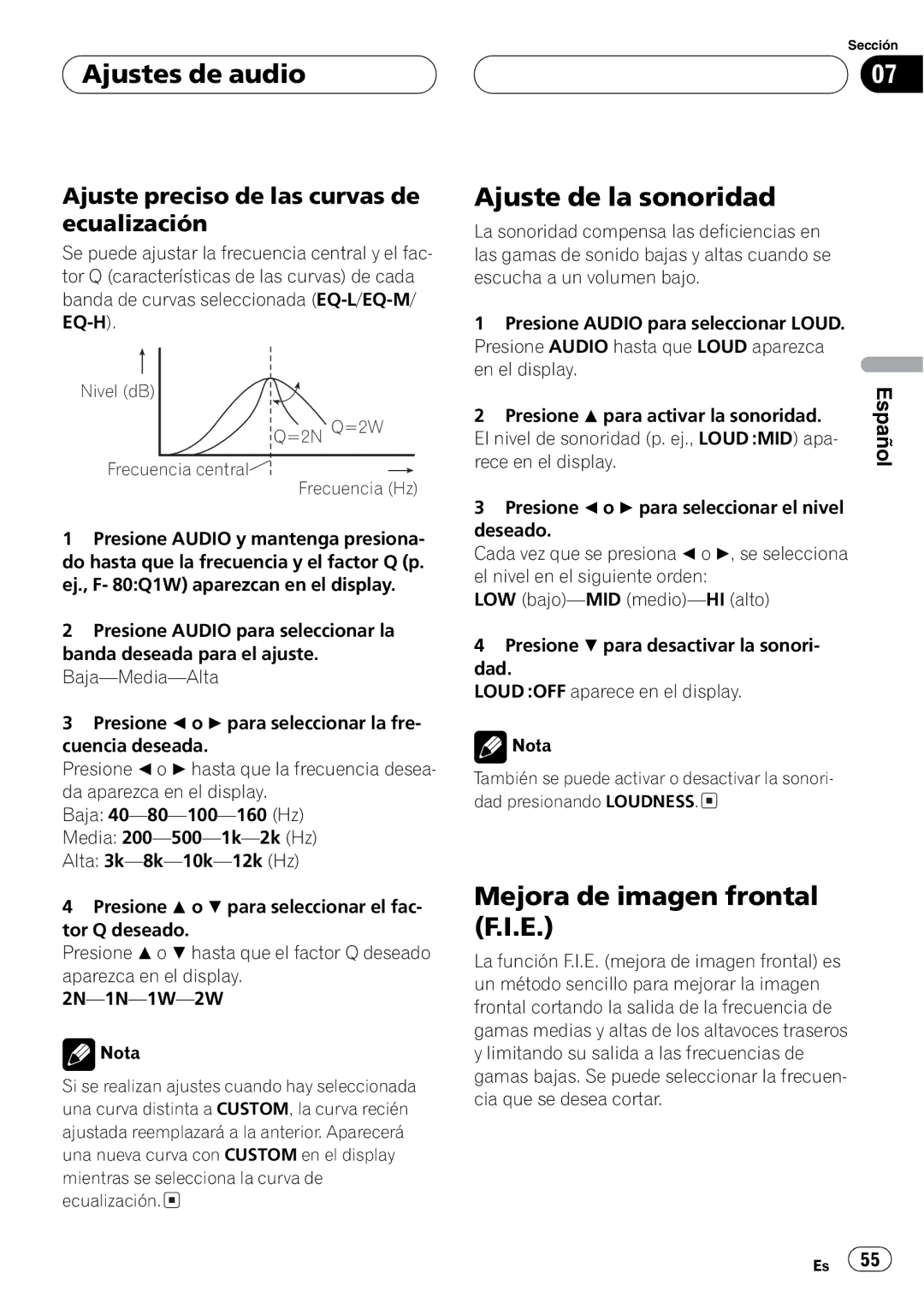 Pioneer DEH-P2650 operation manual Nivel dB =2N Q=2W Frecuencia central Frecuencia Hz 