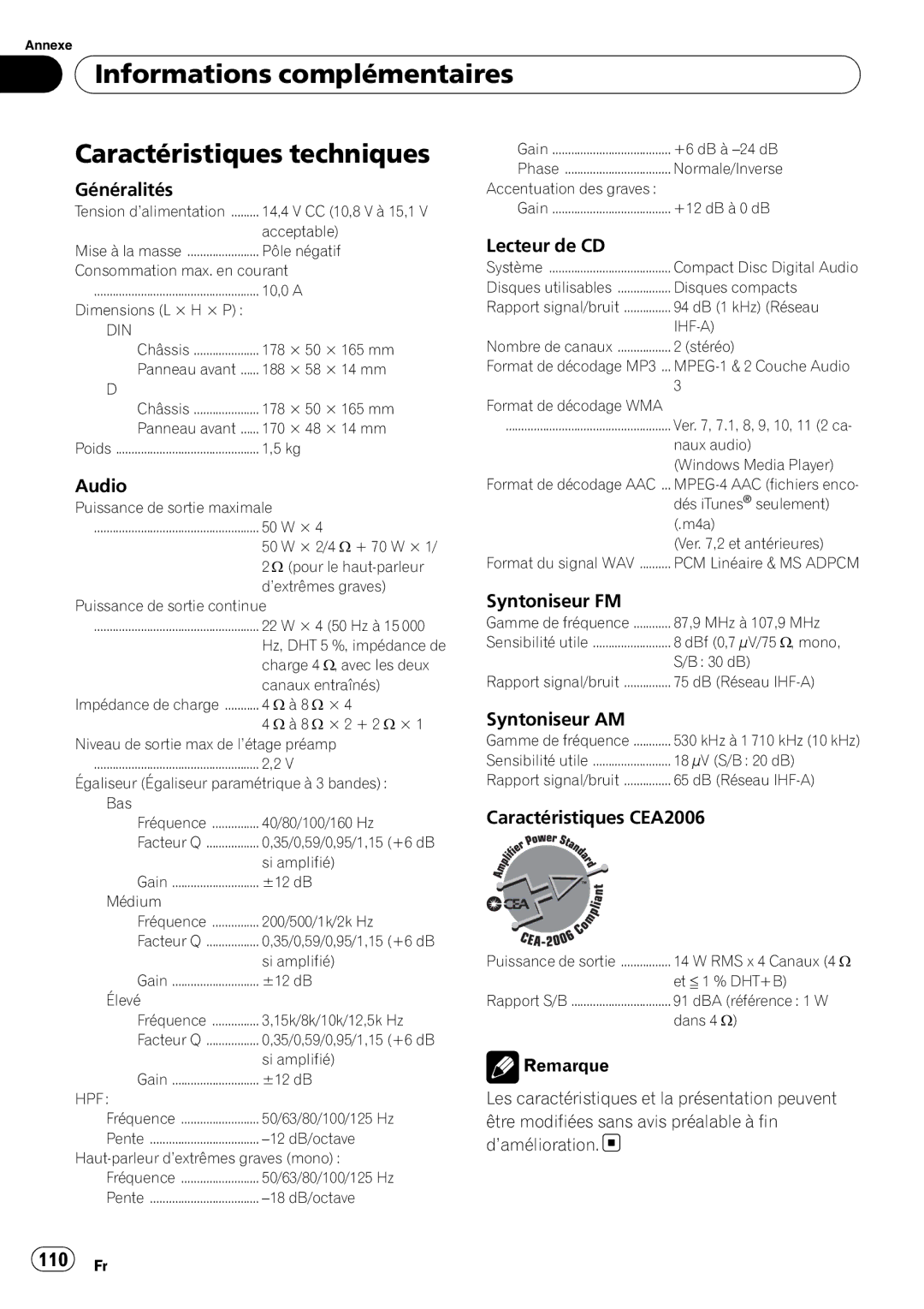 Pioneer DEH-P3000IB operation manual Informations complémentaires Caractéristiques techniques, 110 Fr 