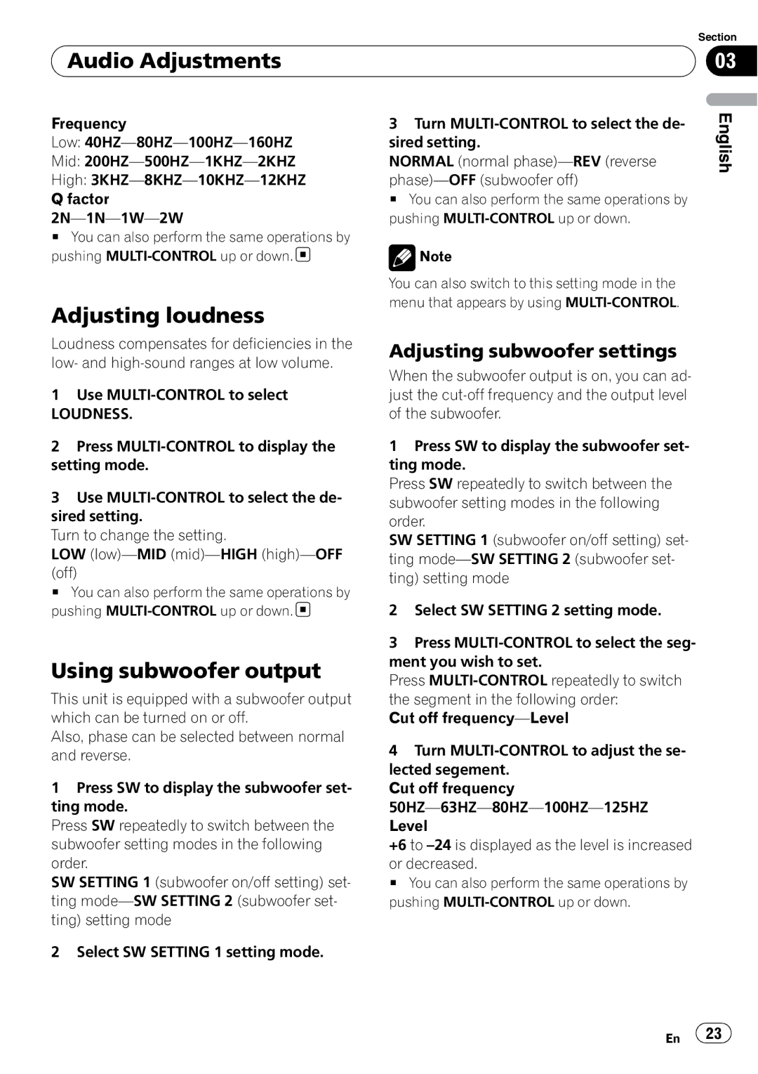 Pioneer DEH-P3000IB operation manual Adjusting loudness, Using subwoofer output, Adjusting subwoofer settings, Loudness 