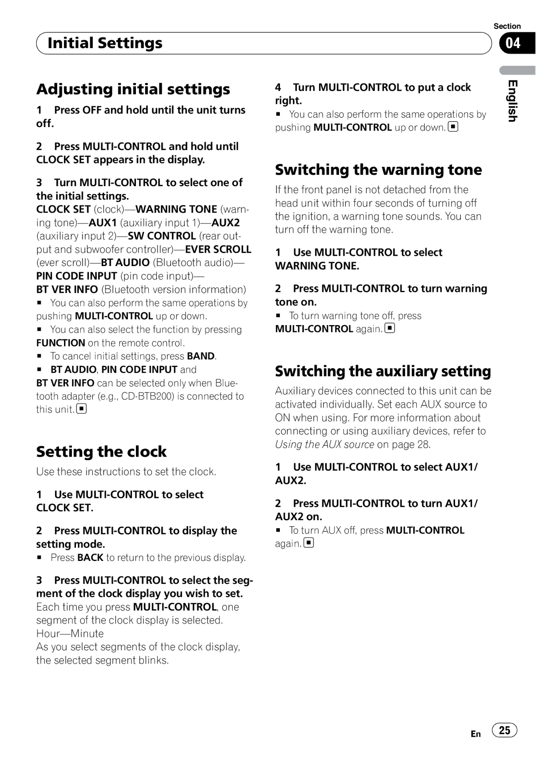 Pioneer DEH-P3000IB Initial Settings Adjusting initial settings, Setting the clock, Switching the warning tone, Clock SET 