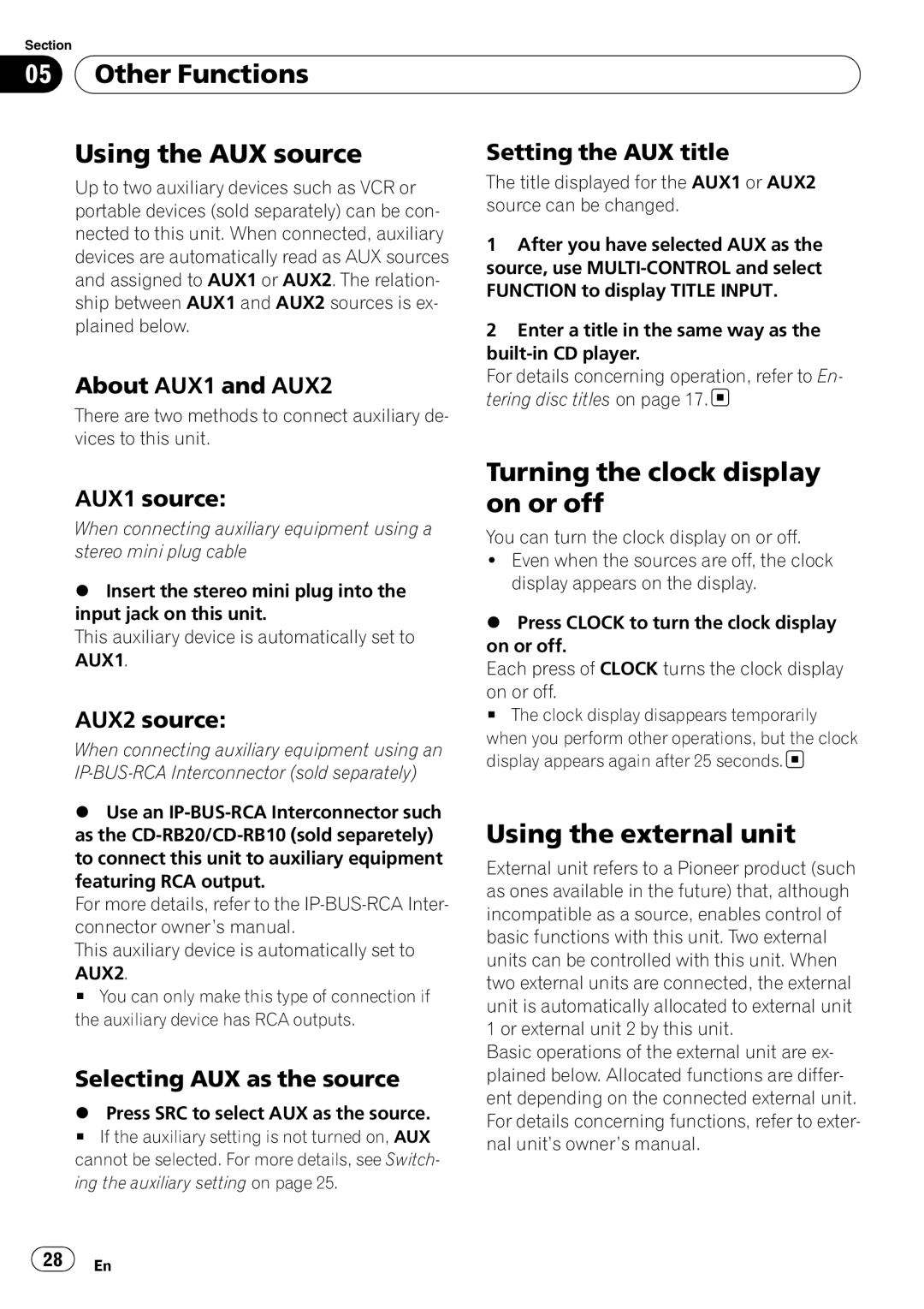 Pioneer DEH-P3000IB Other Functions Using the AUX source, Turning the clock display on or off, Using the external unit 