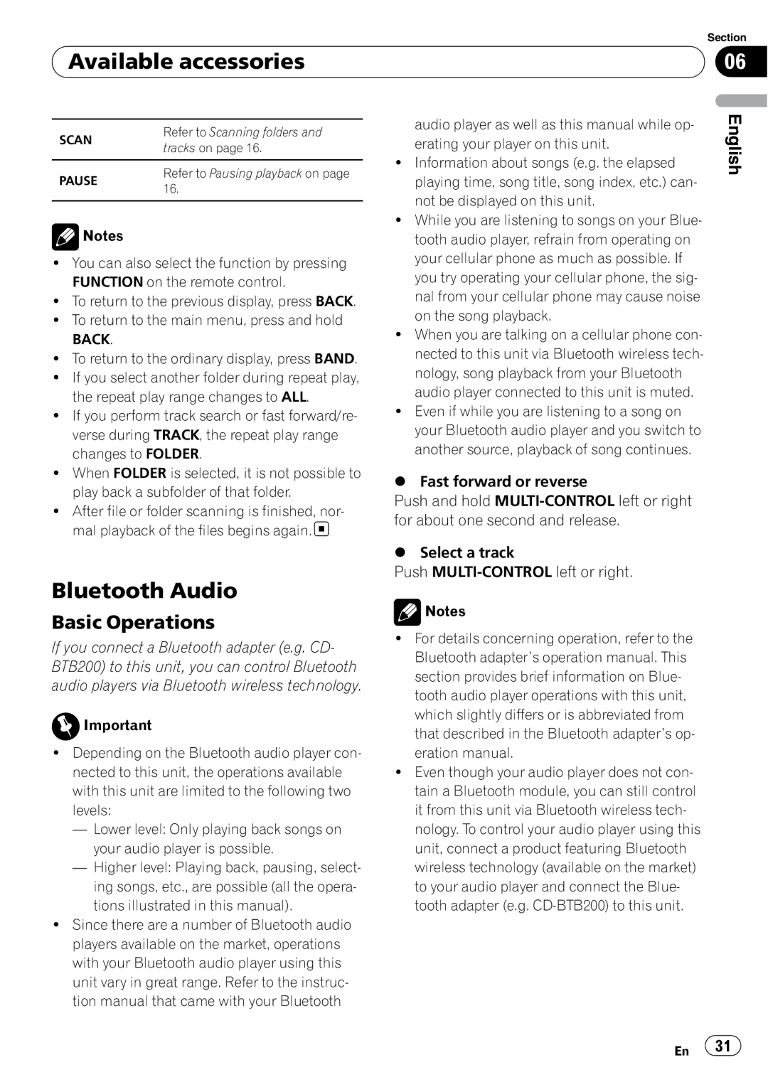 Pioneer DEH-P3000IB operation manual Available accessories, Bluetooth Audio 