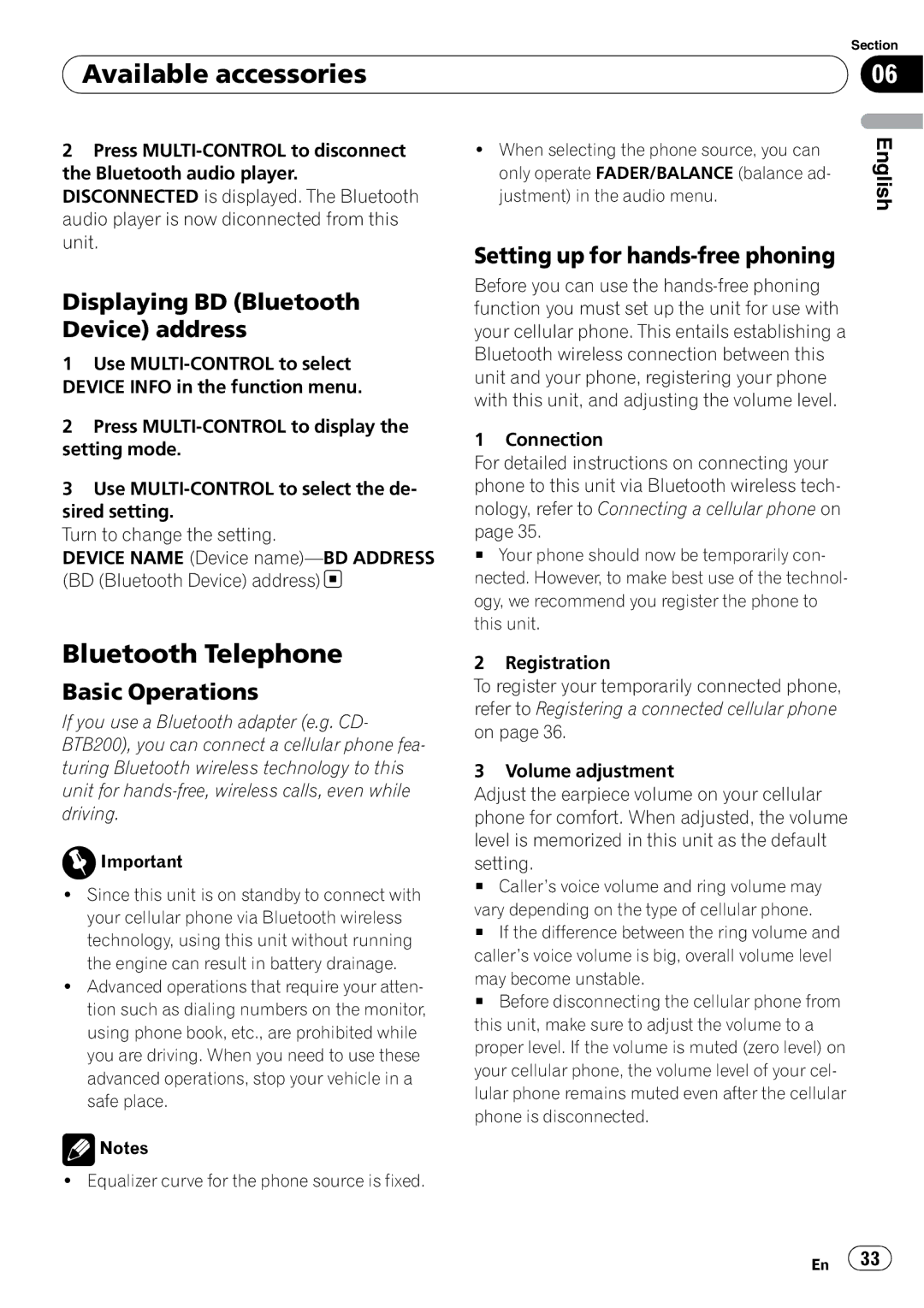 Pioneer DEH-P3000IB Bluetooth Telephone, Displaying BD Bluetooth Device address, Setting up for hands-free phoning 