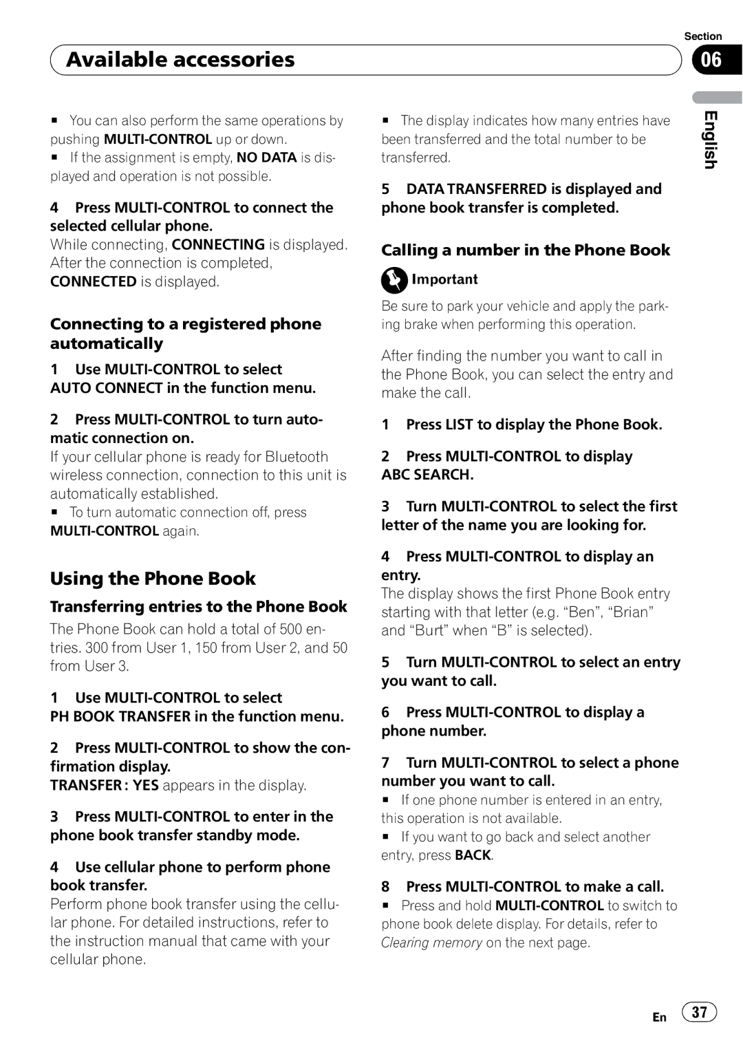 Pioneer DEH-P3000IB operation manual Using the Phone Book, Connecting to a registered phone automatically, ABC Search 