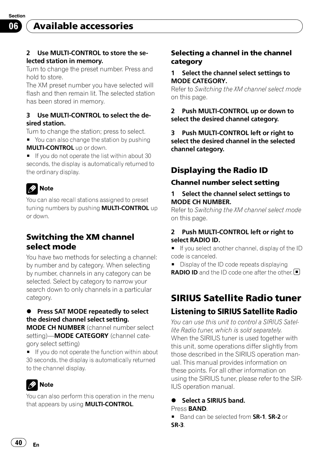 Pioneer DEH-P3000IB Sirius Satellite Radio tuner, Switching the XM channel select mode, Displaying the Radio ID 