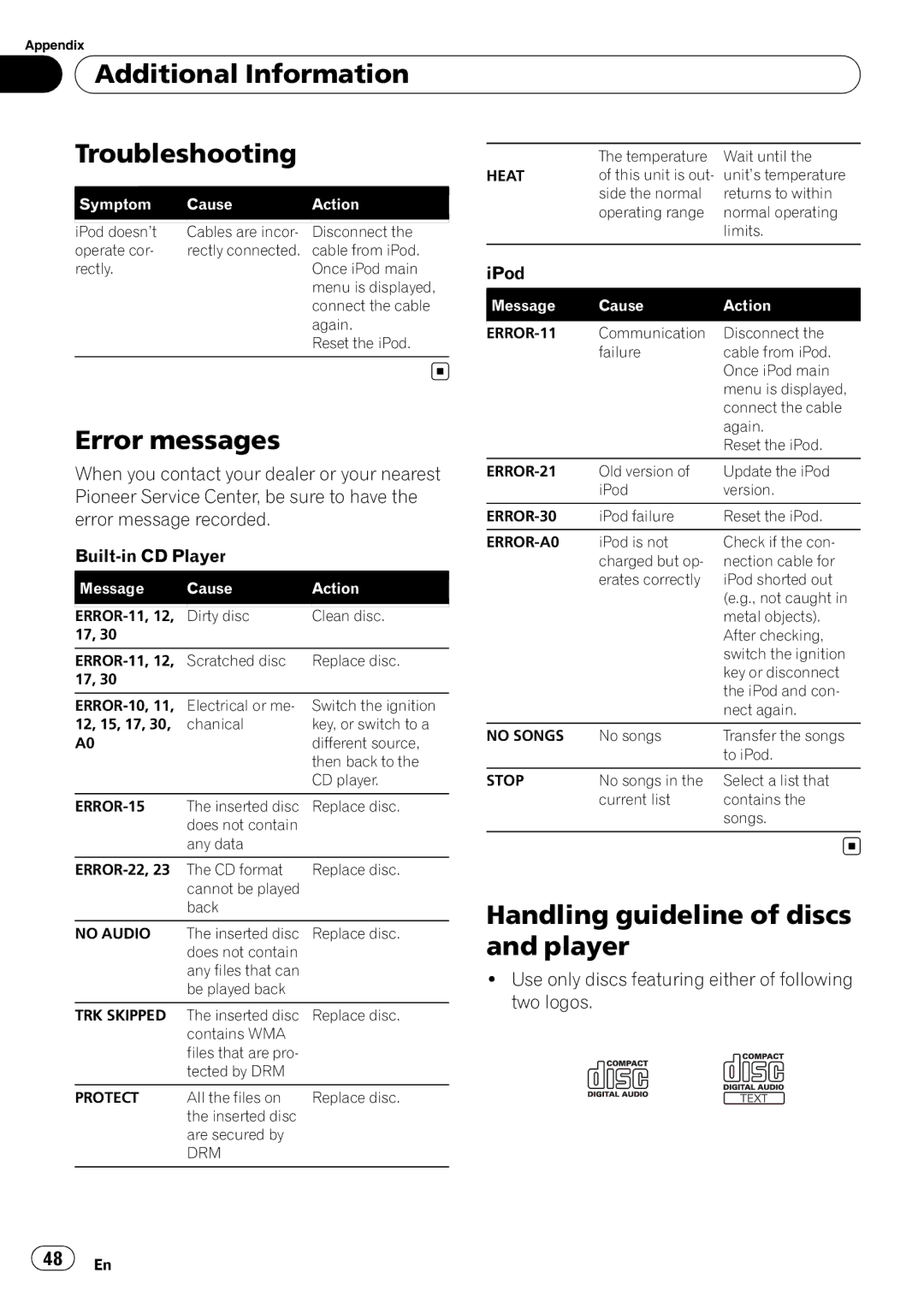 Pioneer DEH-P3000IB Additional Information Troubleshooting, Error messages, Handling guideline of discs and player 