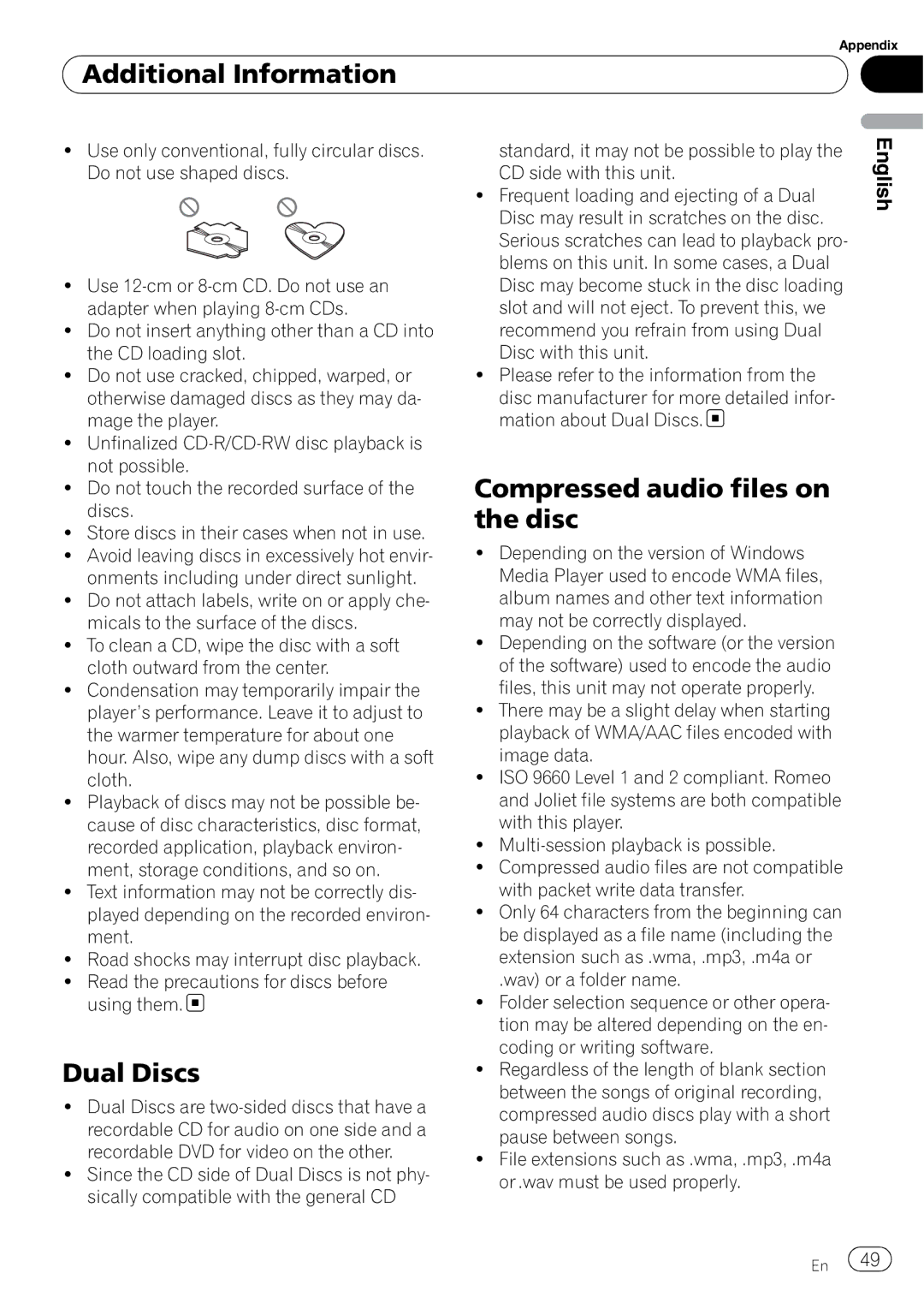 Pioneer DEH-P3000IB operation manual Additional Information, Dual Discs, Compressed audio files on the disc 