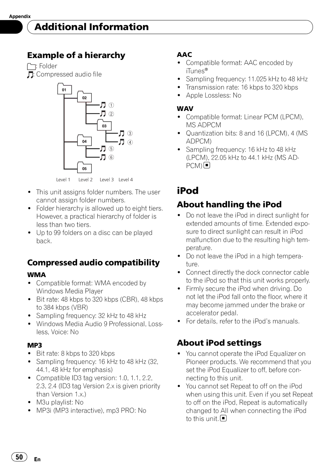 Pioneer DEH-P3000IB operation manual IPod, Example of a hierarchy, Compressed audio compatibility, About handling the iPod 