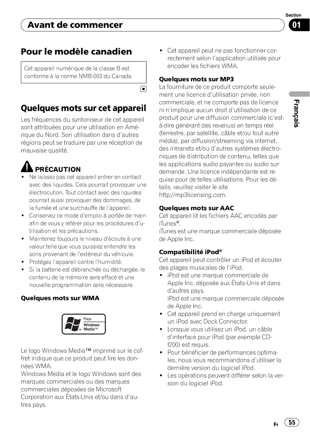 Pioneer DEH-P3000IB operation manual Avant de commencer Pour le modèle canadien, Quelques mots sur cet appareil 