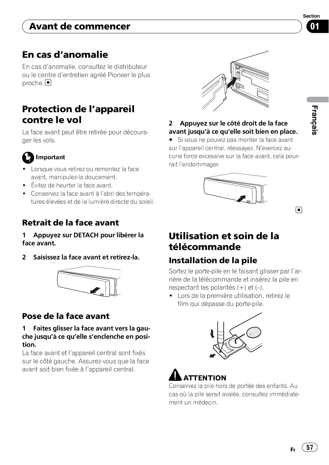 Pioneer DEH-P3000IB operation manual Avant de commencer En cas d’anomalie, Protection de l’appareil contre le vol 