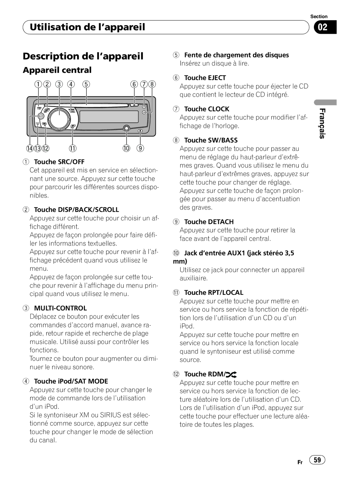 Pioneer DEH-P3000IB operation manual Utilisation de l’appareil Description de l’appareil, Appareil central 