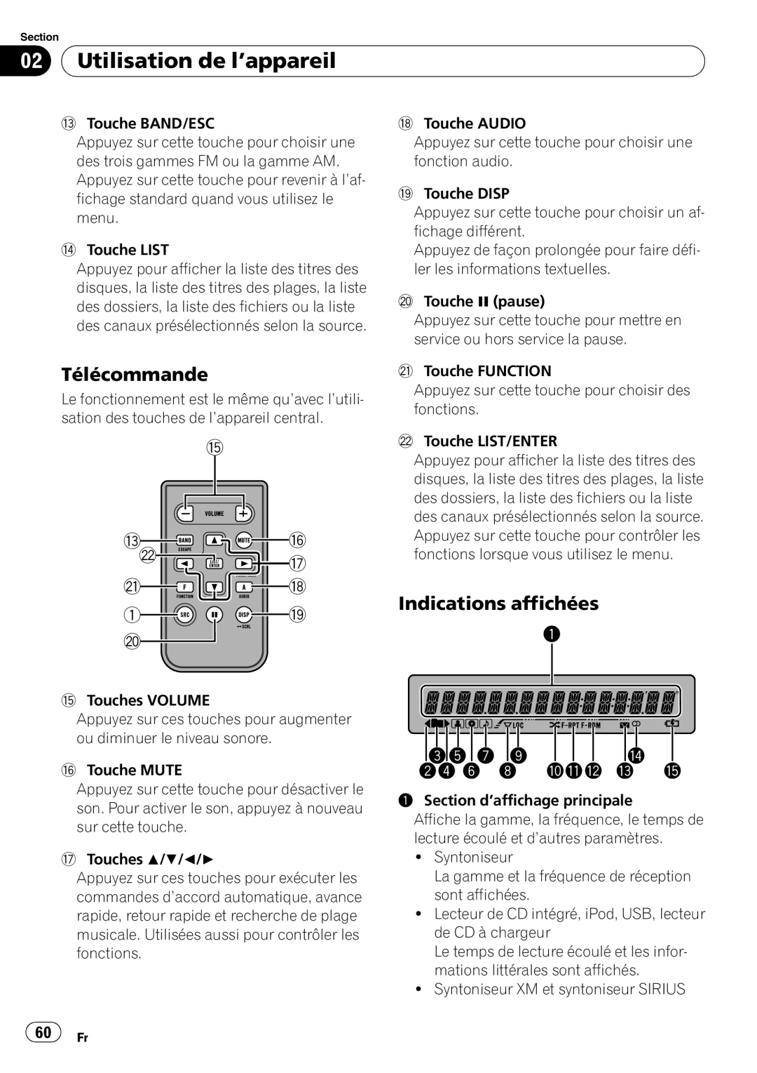 Pioneer DEH-P3000IB operation manual Utilisation de l’appareil, Télécommande, Indications affichées 